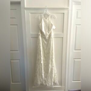 David’s Bridal long sheath high neck wedding gown with sequined leaf appliqué 12